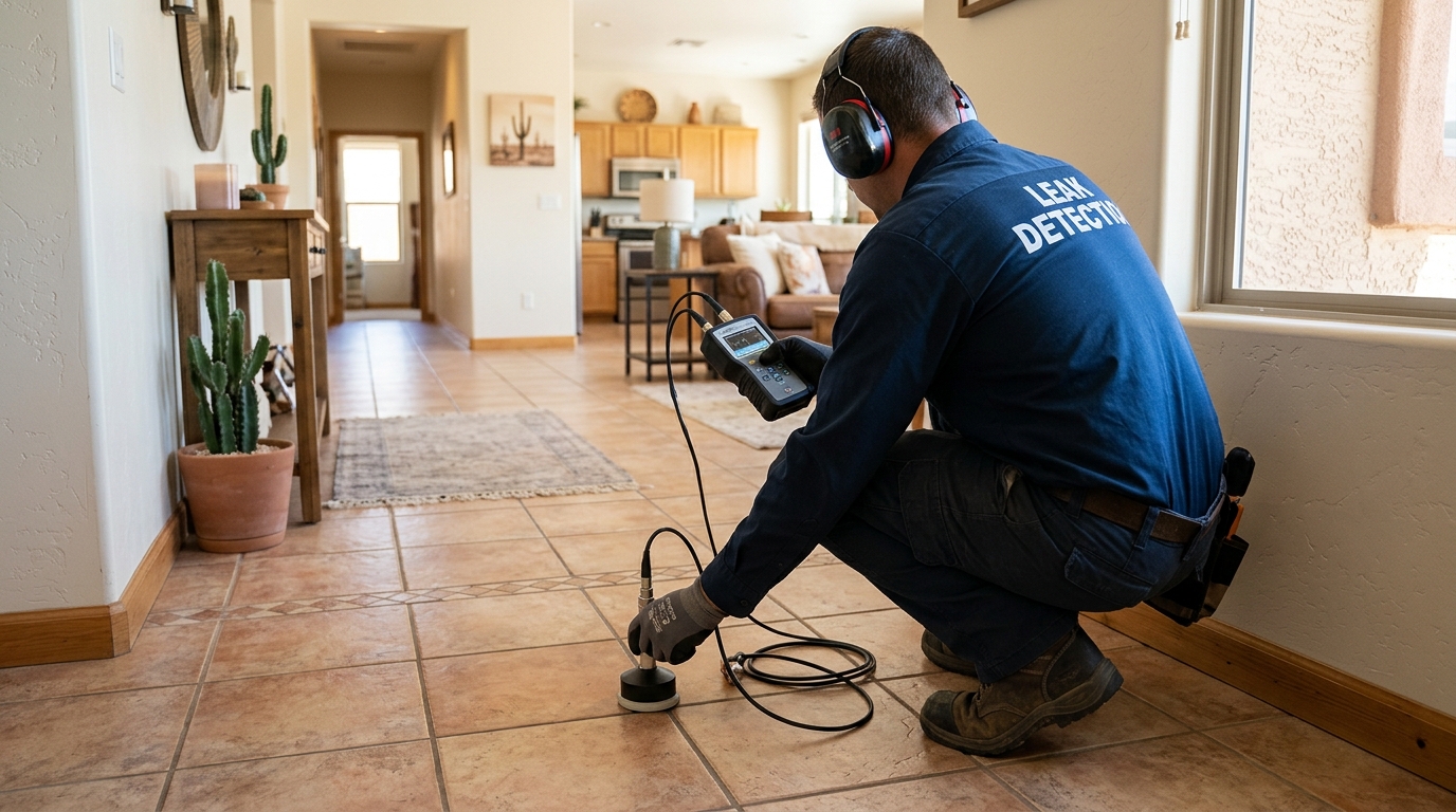Acoustic electronic slab leak detection on concrete floor in Porterville CA home